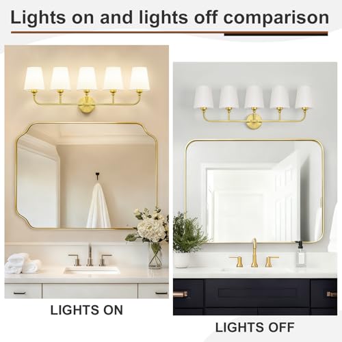 Image of Bathroom Vanity Light, Brushed Gold Bathroom Lighting Fixtures Over Mirror
