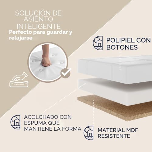 Miniatura 7 de Casaria Banco Almacenaje Plegable Puff Reposapiés Otomana Almacenamiento Salón Dormitorio Capacidad Carga 300kg Resistente Efecto Piel 115x40x40cm Blanco