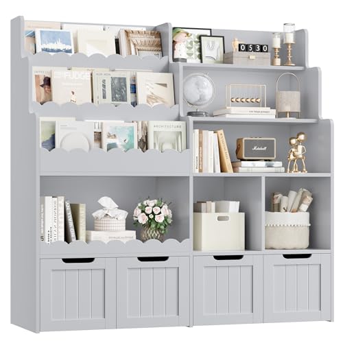 Image of FOTOSOK Toy Storage Organizer, Large Kids Bookshelf with 4 Movable Drawers and 3 Cubbies, Toy Organizers and Storage Shelf for Playroom Living Room, Grey