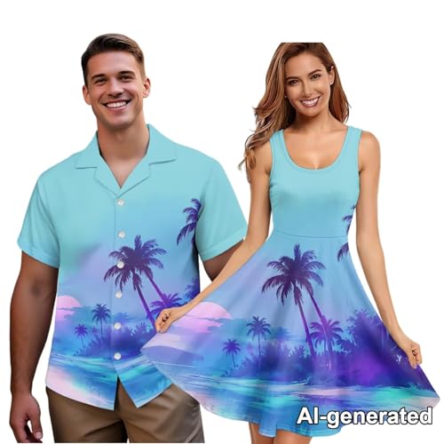 Image of Hawaii Matching Couple Outfits Husband and Wife Clothing Fashionable Mens Casual Shirts Hawaii Dress with Soft Fabric