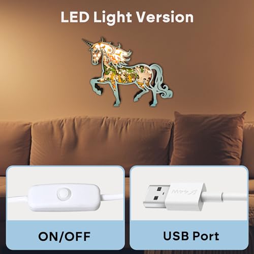 Image of FNYDOX 3D Wooden Unicorn Night Light - Multi-Layer Carved Animal Lamp with LED, Enchanted Forest & Castle Decor, Boho Nursery Wall Art, Unique Mythical Creature Gifts for Girls, Kids and Women