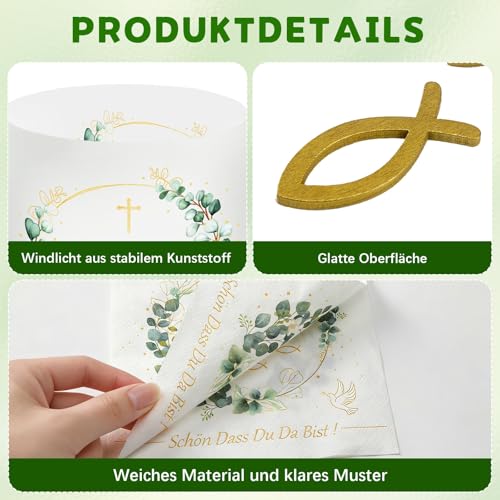 SEPGLITTER Windlicht Set mit 8 Stück, 36 Servietten und 60 Holzfisch-Deko für Kommunion, Taufe und Konfirmation