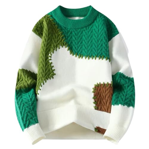 Lunoakvo Men Patchwork Knit Pullovers Casual Colorblock Cable Knitted Thick Warm Loose Sweater Pullover