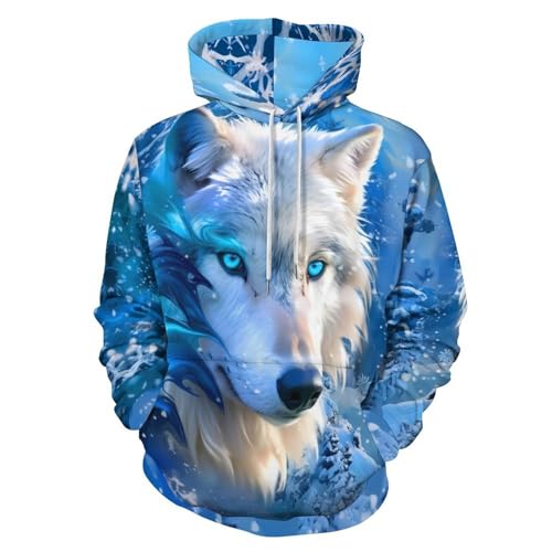 FLAREO Men's Galaxy Wolf Cool 3D Graphic Pullover Hoodie Lightweight Casual Sweatshirt with Pockets,Ice Blue Wolf,XL