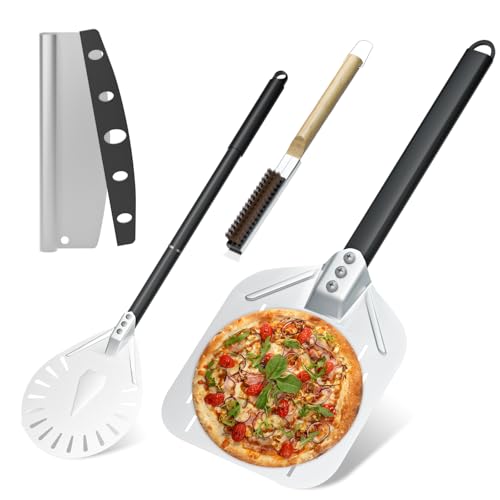 Pizza Oven Accessories, 4PCS Pizza Paddle Tool Set, 12 Inch Perforated Pizza Peel, 9 Inch Pizza Turning Peel with Detachable Long Handle, Pizza Oven Brush with Scraper for Homemade Pizza and Baking