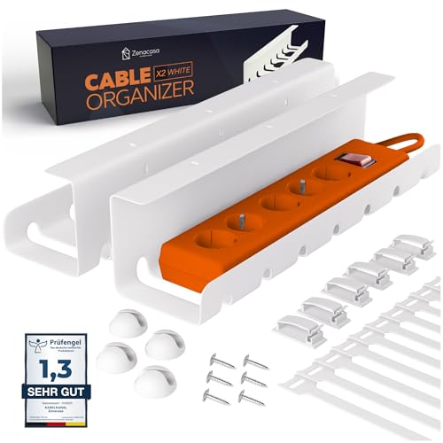 2er Set Kabelmanagement Schreibtisch Weiß Kabelkanal ohne Bohren zum Kabel verstecken Mit Kabelwanne Halter & Zubehör Für saubere Kabelführung im Home Office Büro & Gaming Setup