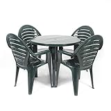 Se compone de 4 sillas OFIR y una mesa redonda verde de resina VIANA.