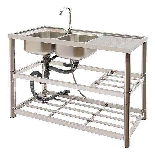 Commercial Restaurant Sink - Stainless Steel Utility Sink Free-Standing Kitchen Sink Set Double Bowl Kitchen Sinks，Kitchen Sink & Faucet Combo with Double Storage Shelves