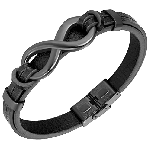 Eymi Unisex Leather Bracelet with Infinity Sign Symbolic Love Fashion Braided Wristband Bangle (Adjustable- Black Tone)