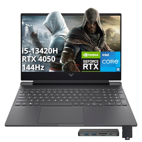 Image of HP Victus 15.6 inch 144Hz FHD Gaming Laptop, Intel i5-13420H, 16GB RAM, 512GB PCIe SSD, NVIDIA GeForce RTX 4050, Backlit Keyboard, HD Camera, WiFi 6, Win 11 Pro, Mica Silver, 1TB Docking Station Set
