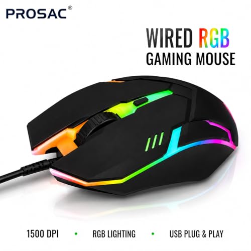 Image of PROSAC Ergonomic RGB Wired Mouse | 3-Button Optical Gaming Mouse | USB Plug & Play for Windows PC, Laptop, Mac & Desktop