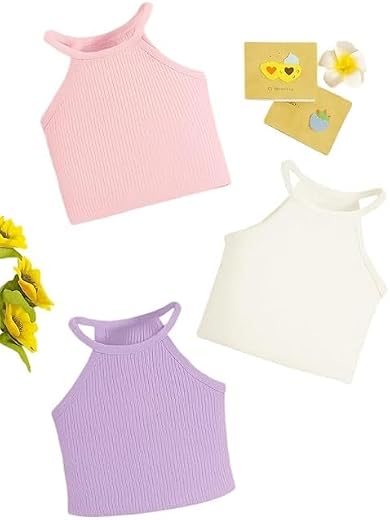 Girls Ribbed Halter Neck Crop Top – Pack of 3 | Stretchy Sleeveless Camisole Tops | Soft &amp; Comfortable Wear &amp; Teens Multic...