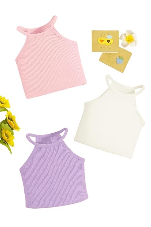 Girls Ribbed Halter Neck Crop Top – Pack of 3 | Stretchy Sleeveless Camisole Tops | Soft & Comfortable Wear & Teens Multic... - Review, Price and Buying Guide
