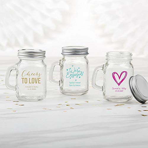 Kate Aspen Personalized 4 oz. Mini Mason Mug Shot Glass with Lid - 204pcs/Black - Drinking Glass and DIY Favor Decor for Wedding, Bridal Shower Party with Customized Designs Text Lines