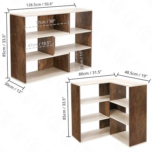 Image of ABOUT SPACE Book Shelf for Home Library-Rectangle /L-Shaped Rack for Storage 2 Ways 6 Compartment Book Stand Shelf for Bedroom, Livingroom Decor, Plants and Books (Oak White&Walnut-L128 x B30 x H85 cm)