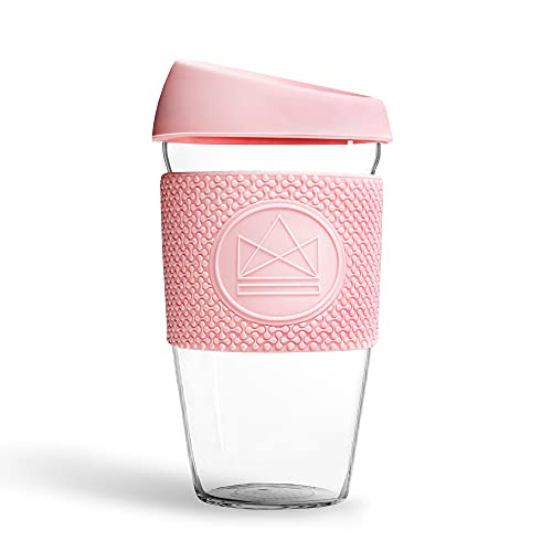 Neon Kactus - Vaso de cristal de borosilicato soplado a mano, Taza de café para llevar reutilizable con tapa de silicona apta para uso alimentario y funda térmica, Vaso de viaje reciclable