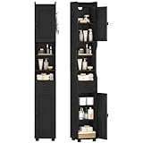 HEXCELEN Badezimmerschrank, Badschrank Schmal Hoch, Hochschrank Badezimmer, Badschrank mit 2 Türen und 1 Schublade, Verstellbaren Ablagen offenen Fach Platzsparender Badregal 28 x 28 x 180 cm Schwarz