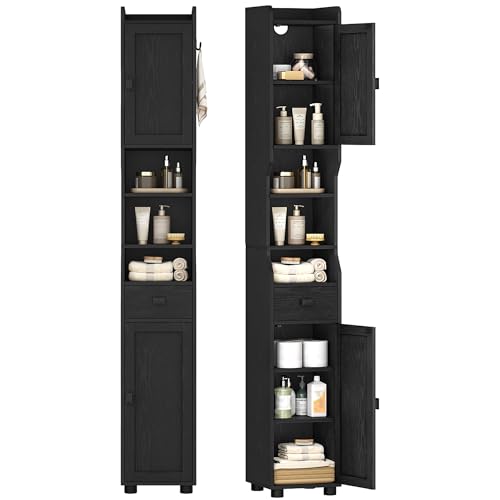 HEXCELEN Mueble de Baño Estrecho, Armario Alto de Baños con Compartimento Abierto y 2 Puertas, Estantes Ajustables, para Baño, Salón, Dormitorio, 28 x 28 x 180 cm, Negro