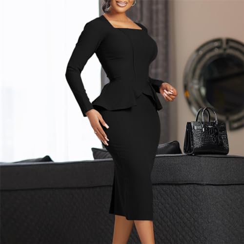 Ruffle Cocktail Peplum Dress for Women Vintage Casual Long Sleeve Work Office Business Bodycon Sheath Pencil Dress2