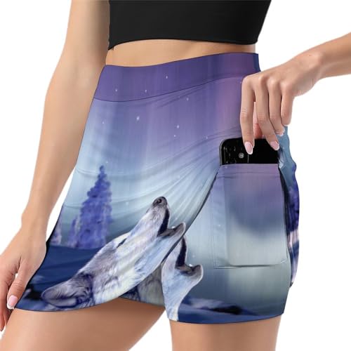 Arctic Aurora Wolf Women's Skorts Casual Tennis Skirts with Pockets Mini Athletic Shorts 4XL