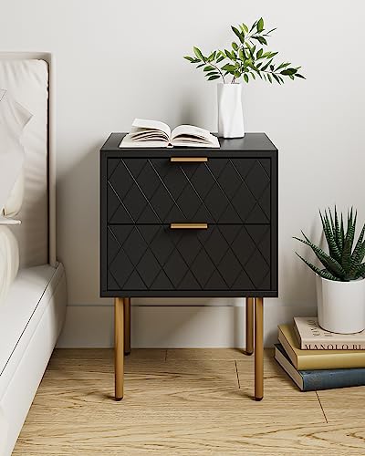 Aobafuir Nightstand, 2 Drawer Dresser for Bedroom, Small Side Table with 2 Drawers, Bedside Furniture, Night Stand, End Table with Gold Frame for Bedroom, Living Room, Black Diamond