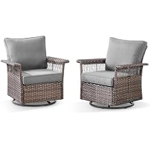 Outdoor Swivel Glider Chairs Set of 2 - Hollow Widen Armrests Wicker Patio Furniture Set, Comfortable High Back Outside Swivel Rocker for Balcony Porch Deck and Yard - Brown/Gray