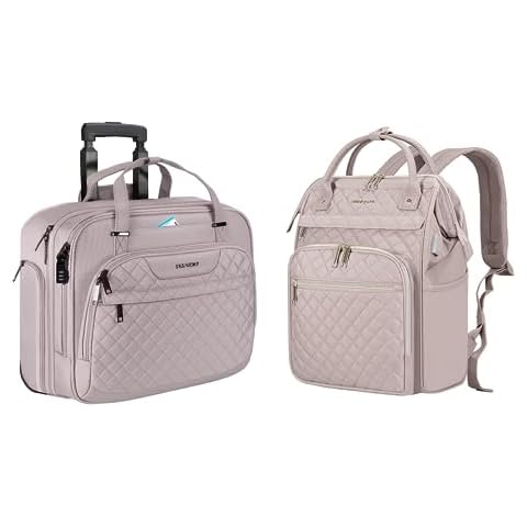 EMPSIGN 17 inch Laptop Backpack Purse with USB port & 15.6 inch Rolling Laptop Bag with RFID Pockets, Quilted Grey Pink Cover