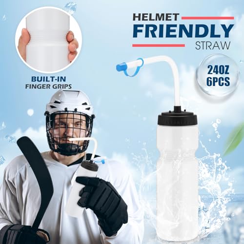 Skybooly 6 Pack Hockey Water Bottles Bulk Lacrosse Football Cycling Plastic Squeeze Bottle with Straw for Sports Baseball Gym Yoga Team Outdoor Use Sport Helmet in(White) - Thumbnail 3
