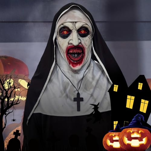 NTSWZYS Adult Full Head Realistic Evil Nun Mask with Headscarf, Nun Costume Mask with Bloody Mouth for Halloween Party Props(Style 2-Red) by NTSWZYS - Used condition - Image 5