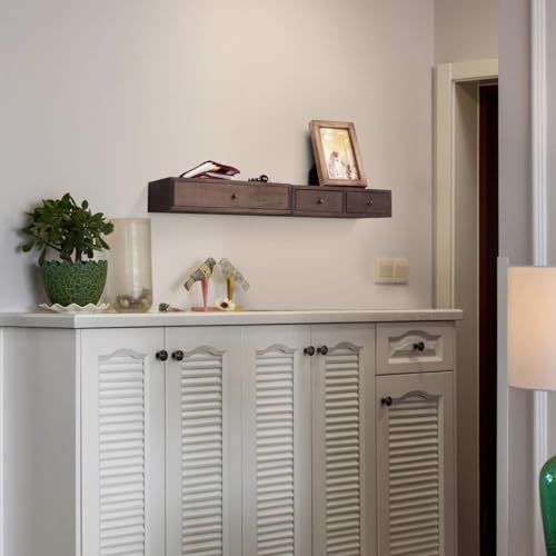 Image of W00YNEX Floating Shelves with Drawers: Wood Wall Shelves /Cabinets for Storage and Exhibition; Doubles as a Bedside or Nightstand Set of 2 in Vintage- (Brown c)