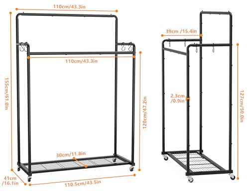 HOMIDEC Clothes Rail,Metal Clothes Rack with Hooks, Double Rads Heavy Duty Clothing Rail for Bedroom,Portable Clothing Rack Clothes Storage Shelf,Hold up to 85 kg,Blcak - Image 2