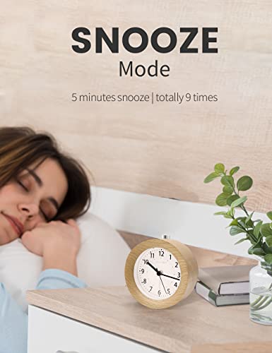 aboveClock Alarm Clock Bedside, No Ticking Bedside Clock with Snooze and Night Light Function, Analogue Clock Battery Powered for Bedroom, Home, Kitchen, Travel, Natural Wood - Image 5