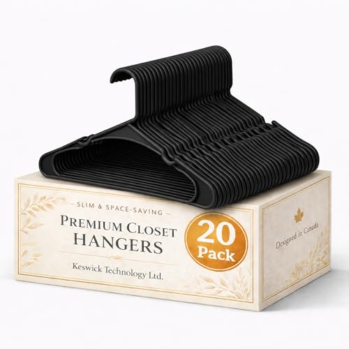 20 Pack Black Plastic Hangers, Space Saving Closet Hangers with Non-Slip Notches, Durable Slim Hangers for Shirts, Dresses, Jackets, Pants