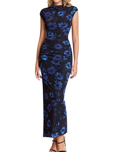 Image of HTZMO Floral Wedding Guest Ruched Bodycon Maxi Dress for Women | Cap Sleeve Slit Long Dresses, Fall Formal Cocktail Party Elegant Modest Bride Shower, Stretchy Mesh Fabric, Winter 2026