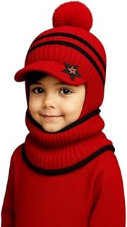Krystle Kids Winter Woolen Cap with Scarf | Warm Knit Beanie Hat with Pom Pom for Boys &amp; Girls | Soft Fleece Lined Ear Pro...