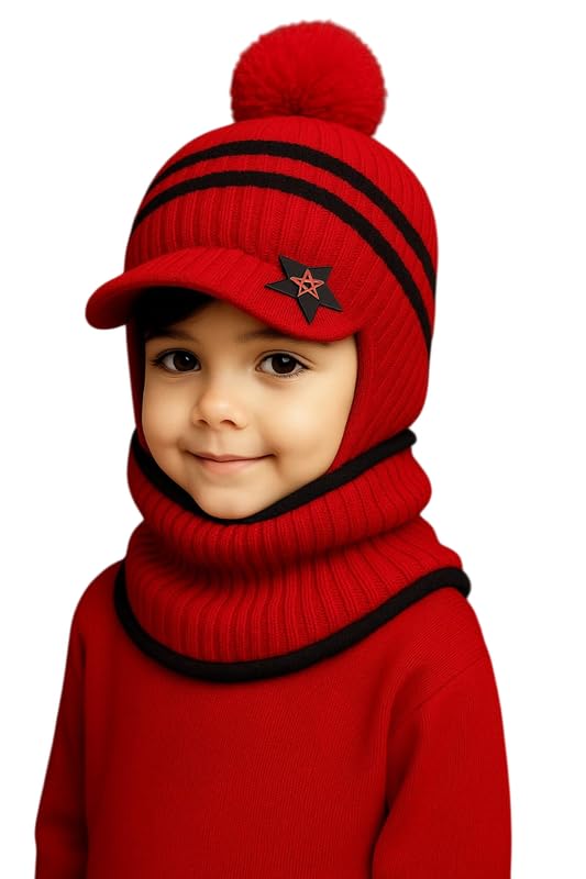 Krystle Kids Winter Woolen Cap with Scarf | Warm Knit Beanie Hat with Pom Pom for Boys &amp; Girls | Soft Fleece Lined Ear Pro
