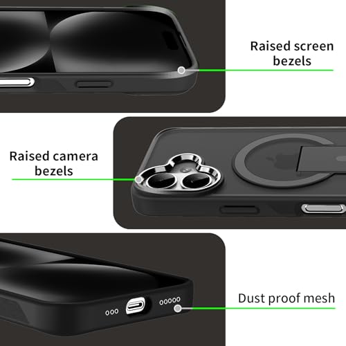 Image of DIZORO Compatible with iPhone 16 Case with Magsafe, Included Kick Stand, Non Yellow Military-Grade Drop Protection & Hard PC Back Cover Slim Matte Feel Anti-Scratch Shockproof Phone Case - Black