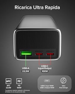 SBS PowerBank LCD 100W, 20000mAh, Power Delivery (PD 3.0 PPS), AFC, Power Bank con Ricarica Rapida, Display LCD Avanzato, USB-C, USB-A, Caricabatterie Portatile da Viaggio, Design Compatto, Grigio