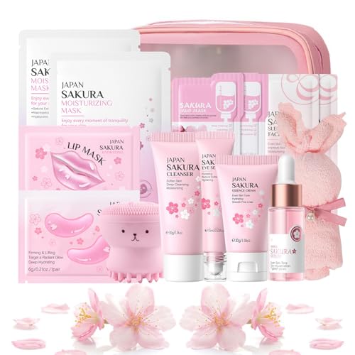 Sakura Skincare Set Teenager Girls - Japan Skin Care Set - Beauty Set with Cleanser, Serum, Eye Cream, Essence Cream, Mask, Face Brush, Face Care Set Women, 15 Pieces
