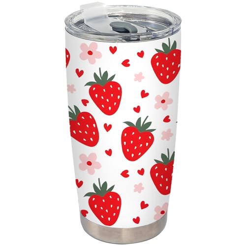 BEHIFL Strawberry Tumbler - Floral Strawberry Stainless Steel Tumbler with Lid and Straw, 20oz Cute Travel Coffee Cup