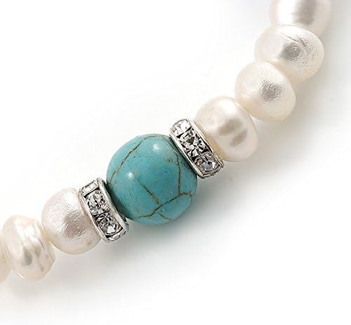 Avalaya 7-8mm White Freshwater Pearl with Turquoise Bead Flex Bracelet - 18cm L, white / ivory, teal - Image 5