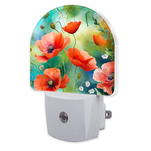 Image of Watercolor Red Poppies Flower Night Light, Abstract Colorful Floral Dusk to Dawn Night Light Plug in,0.5w Energy Saving Sleep Friendly NightLight for Kids Boys Girls Home Decor