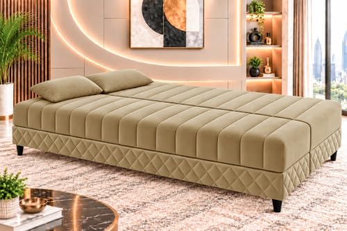 Image of Three Seater Velvet Sofa Cum Bed, Tufted Convertible Sleeper Couch, Space-Saving Design, Comfortable Cushioned Seating - Golden