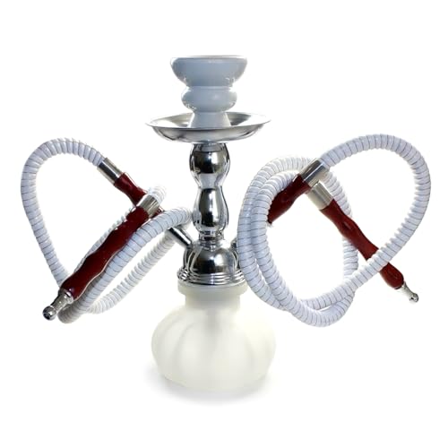 Budawi Shisha klein 25 cm weiß (Milchglas) Mini-Shisha mit 2 Schläuchen inkl. Kohlenzange kompakte Wasserpfeife für Zuhause & unterwegs