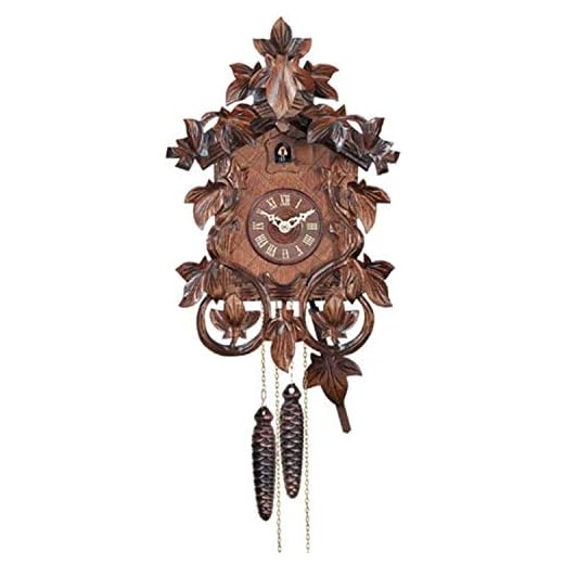 River City Clocks 14" one Day Mechanical Hand-Carved Cuckoo Intricate Leaves and Vines Wall Clock, Brown