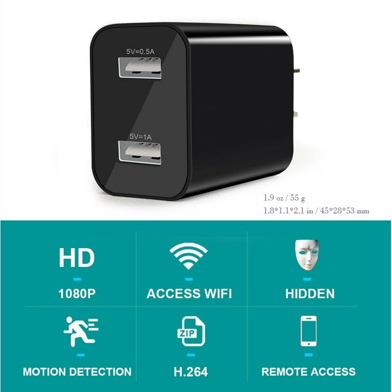 Image of DDLC WiFi USB Dual Port Charger Hidden Security Camera 1080P Video & Audio Recording with Night Vision & Motion Detection Recording (Dual USB Charger Camera)