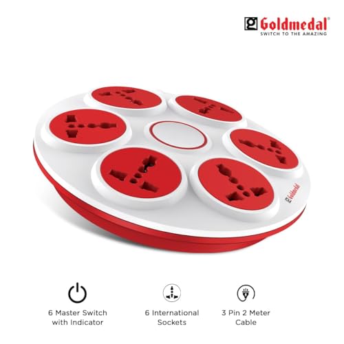 Image of COPPE-RICO Goldmedal 360 Degree Power Strip (White) Pack of 1, 6-Outlet International Sockets, 3-Pin 2 Meter Cable, Master Switch with Led Light Indicator and Overload Protector for Home & Office