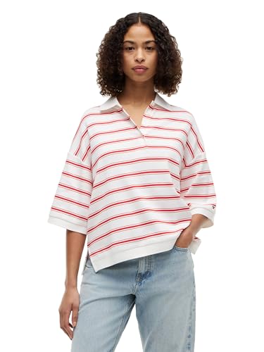 Tommy Hilfiger Women's Striped Oversized Short Sleeve Polo, Multi Stripe Ecru/FIRE RED Small