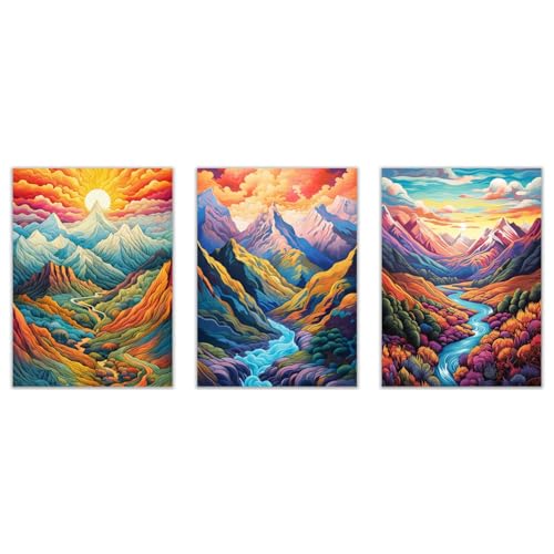 Poster géant mural montagne abstrait jaune bleu peinture triptyque