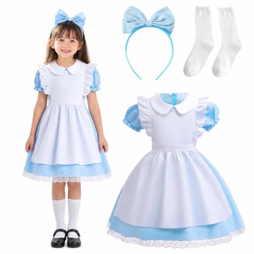 アリス風 キッズ メイド服 ロリータ コスプレ 童話 子供 アリス 水色 仮装 4点セット ワンピース カチューシャ エプロン 靴下 リボン フリル